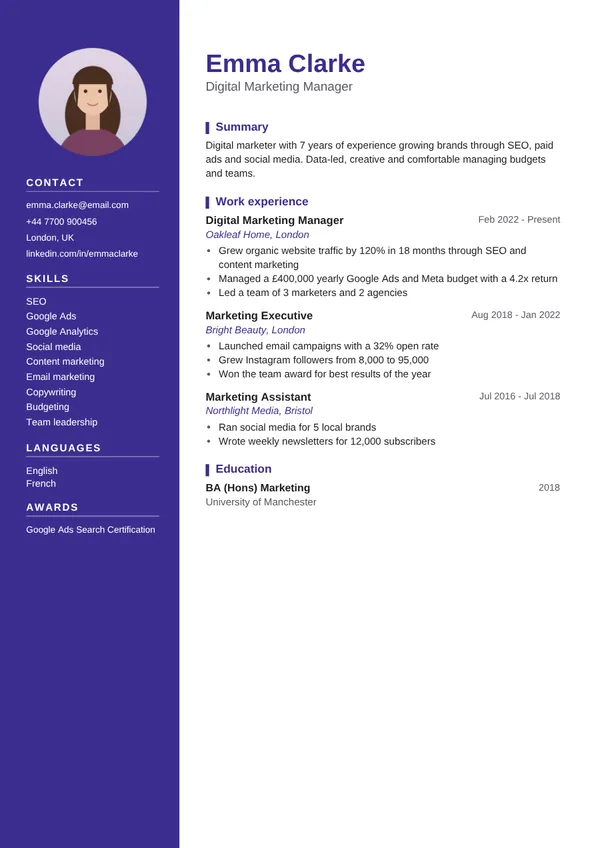 Sidebar resume template preview