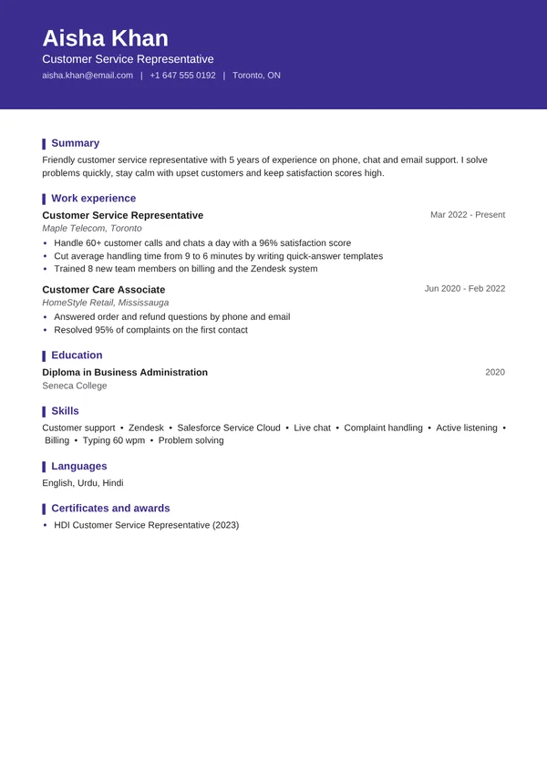 Customer Service resume example