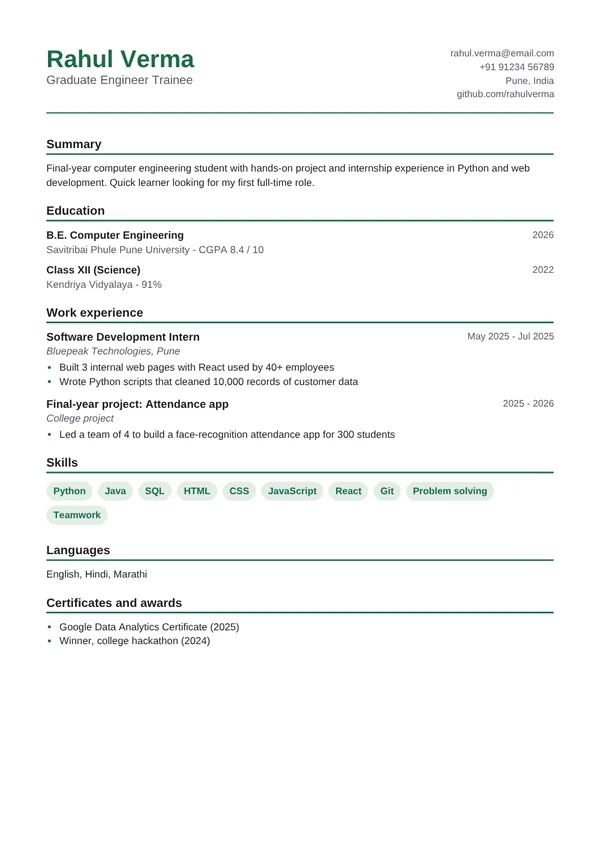 Fresher / Student resume example