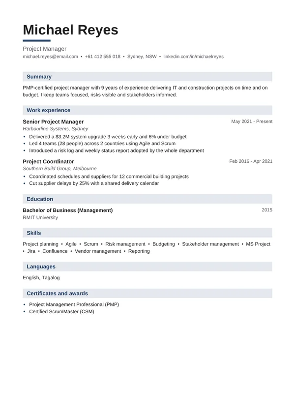 Project Manager resume example