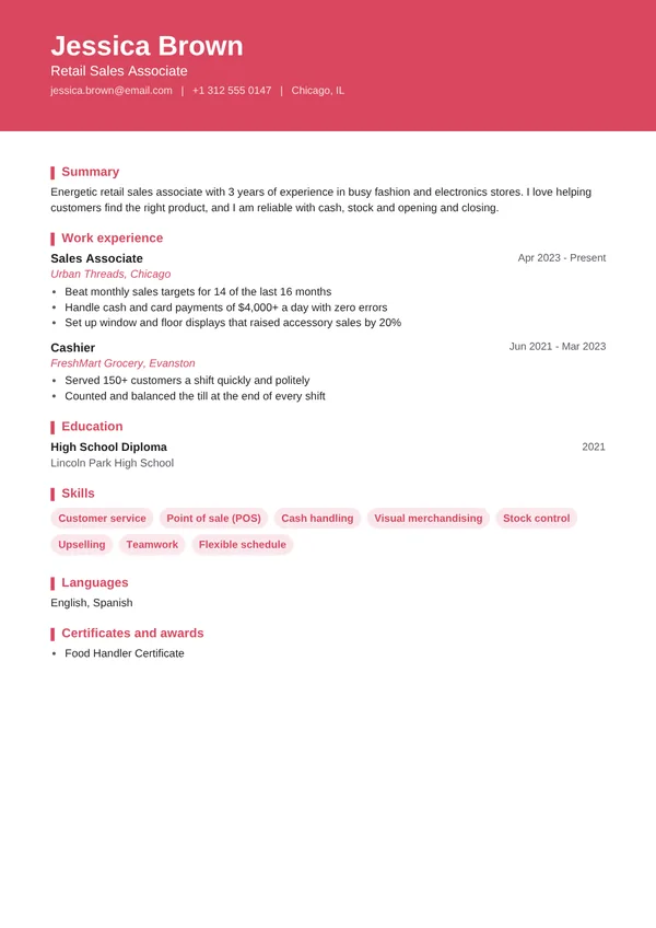 Retail / Cashier resume example